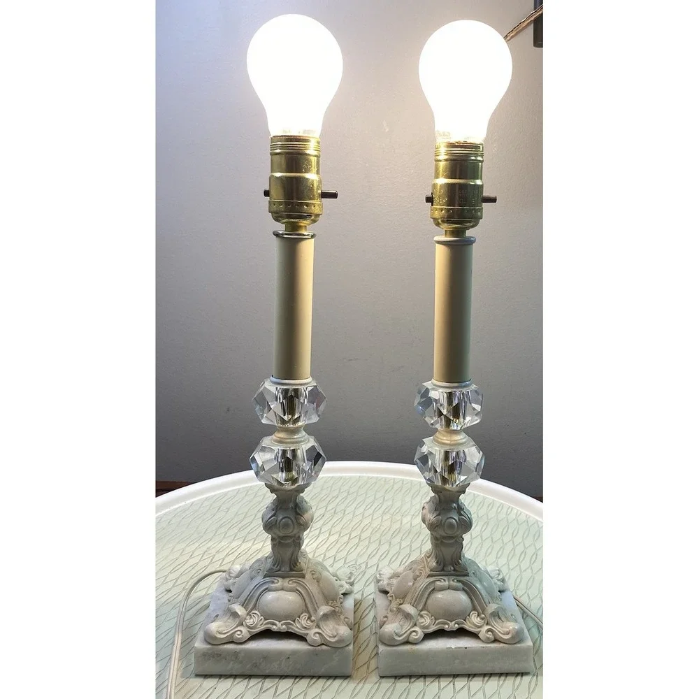 PAIR Vintage Ornate Ivory Cast Metal On Marble Base Working Table Lamps 17